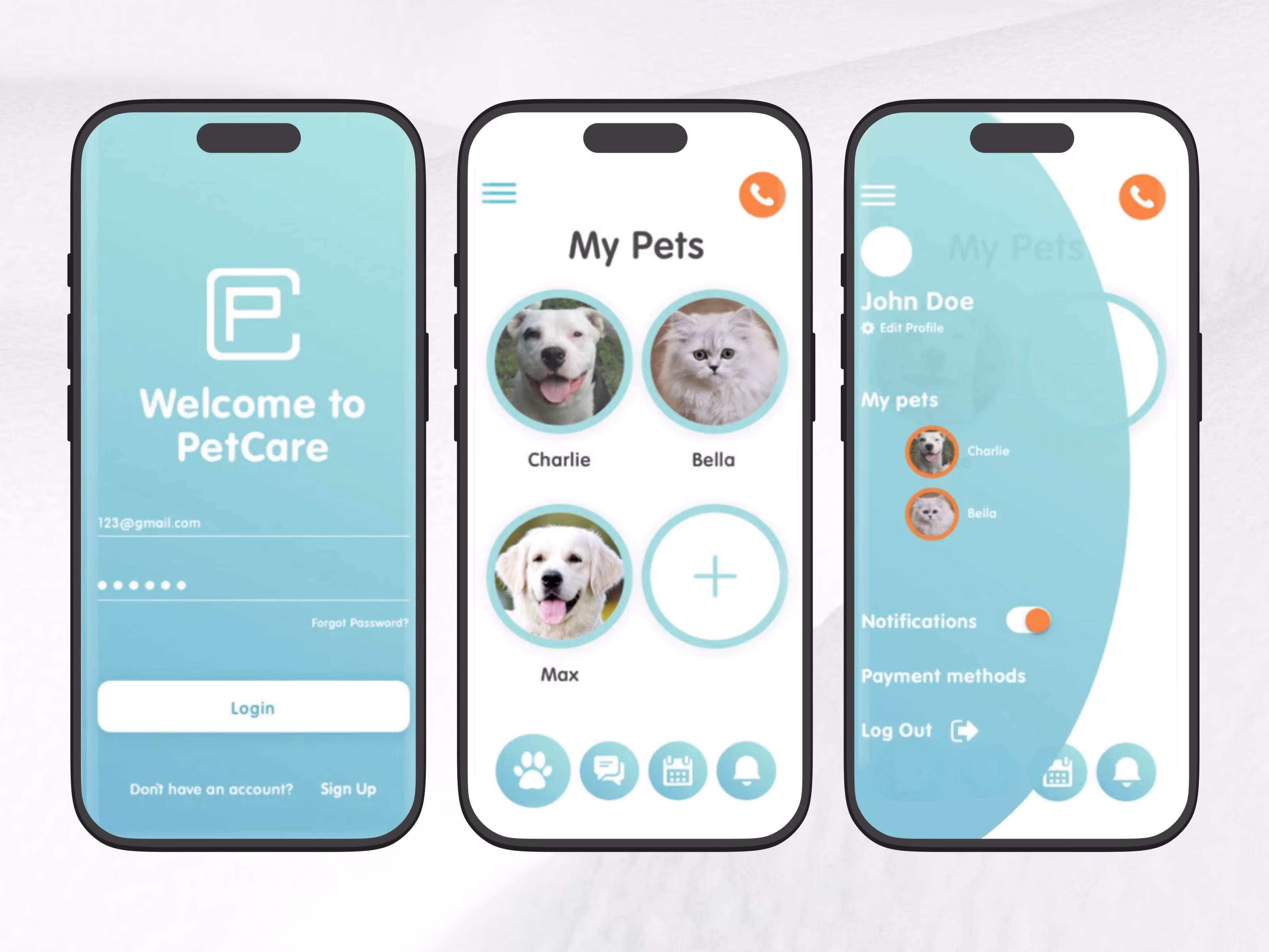 Three smartphone screens showing a pet care app interface: the first screen is the login page with email and password fields, the second screen displays 'My Pets' with photos and names of three pets (Charlie, Bella, Max) and a plus button to add pets, and the third screen shows a user profile with options for notifications, payment methods, and logout.
