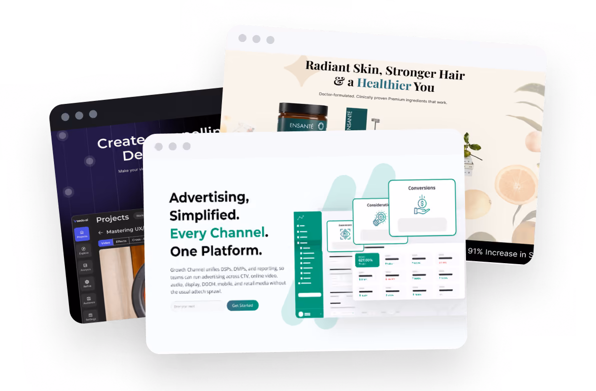 Three overlapping browser windows showcasing digital content: the front window shows an advertising platform interface with the text 'Advertising, Simplified. Every Channel. One Platform.' and analytics visuals, the middle window features a skincare product ad with the heading 'Radiant Skin, Stronger Hair & a Healthier You,' and the back window displays a dark-themed project or design management interface with various tabs.