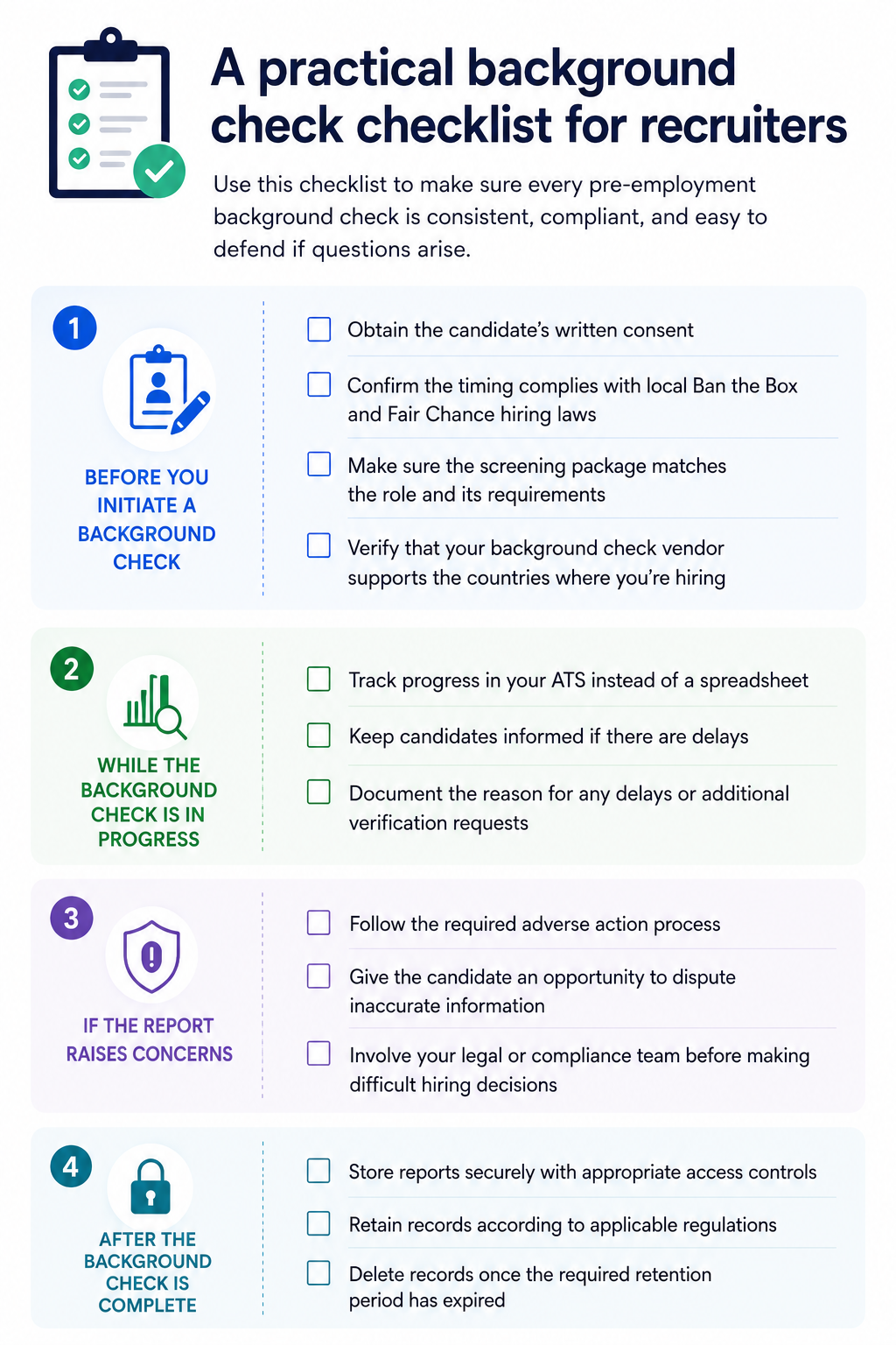 A background check list for recruiters to refer to during their hiring process