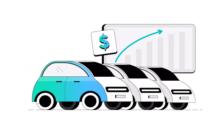Illustration of one colored car followed by three white cars with a rising bar graph and dollar sign symbol above them, representing maximizing utilization and increasing revenue.