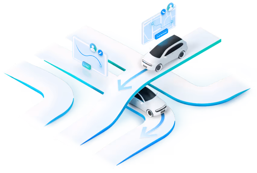 Illustration of two white autonomous cars navigating a forked road with digital interface panels indicating data and arrival status.
