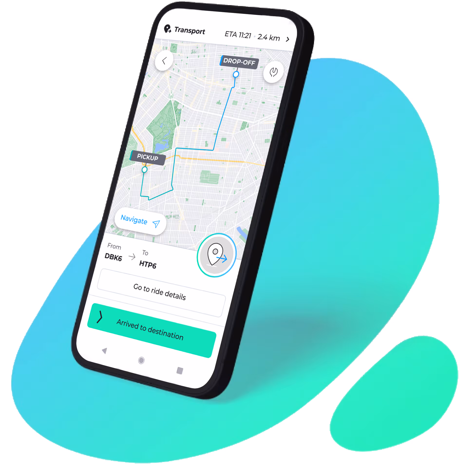 Smartphone showing a transport app with a map indicating a route from pickup to drop-off and buttons for navigation and arrival confirmation.