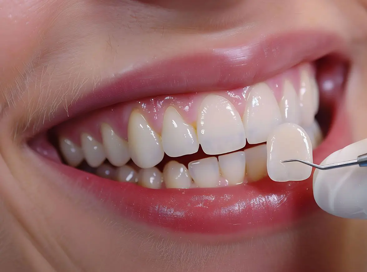A dentist applies a thin, custom-made porcelain veneer to the patient’s tooth at Hello Dental.