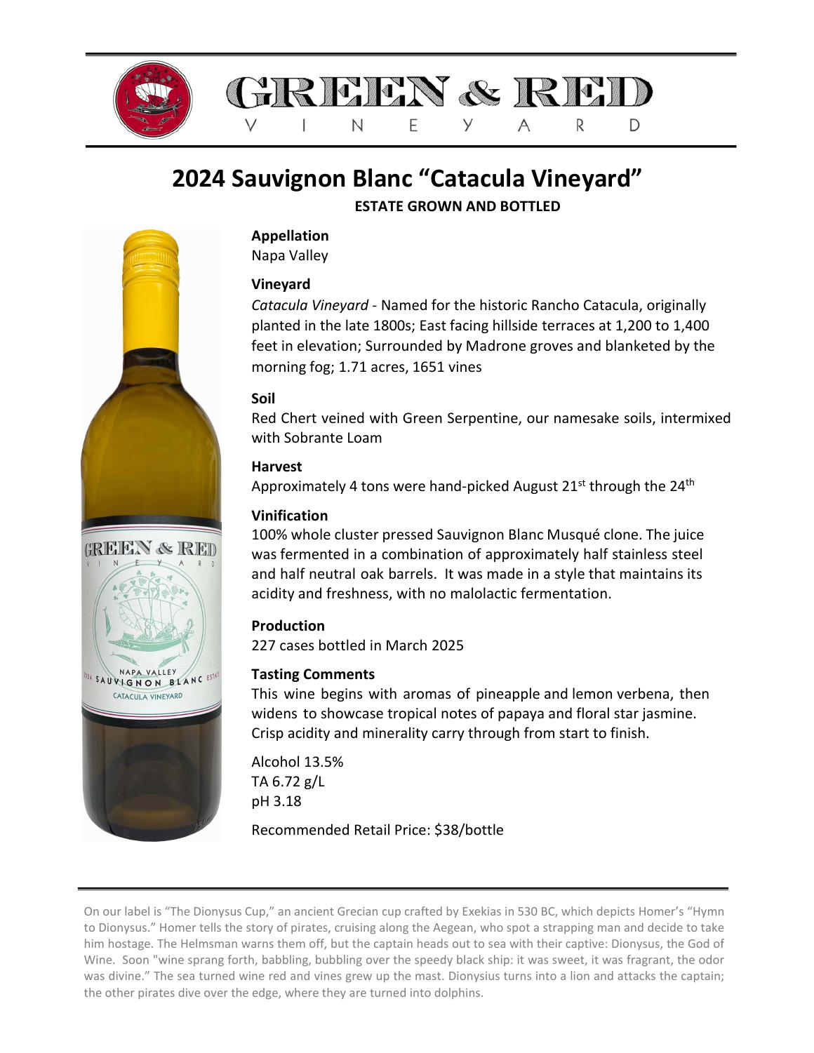 A preview of the 2024 Catacula Vineyard Sauvignon Blanc tech sheet