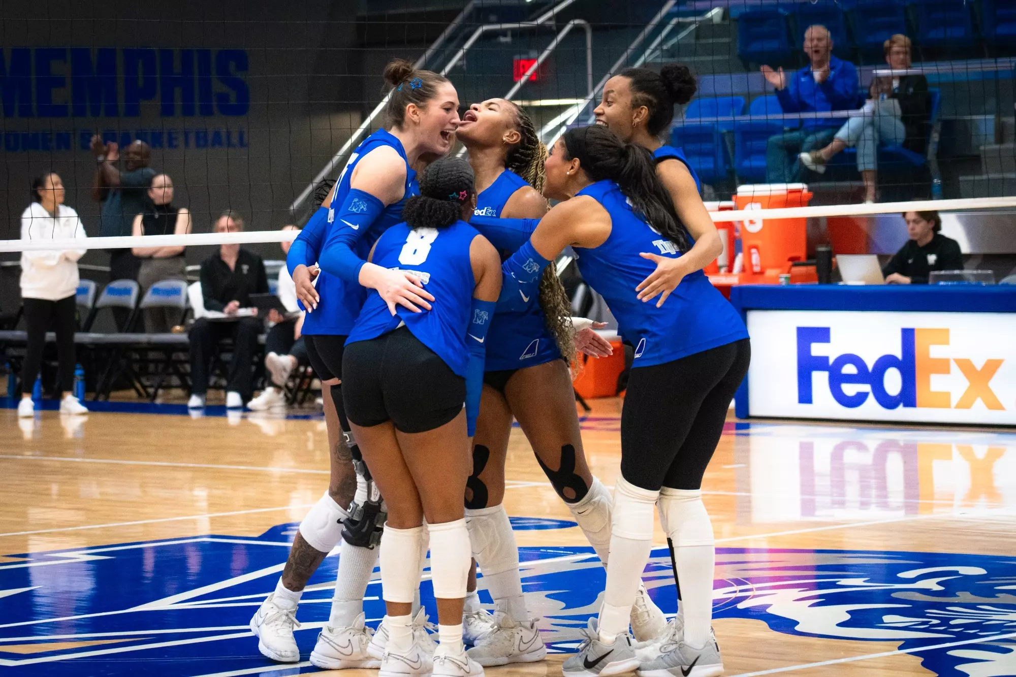 Memphis volleyball players celebrate during the Temple match