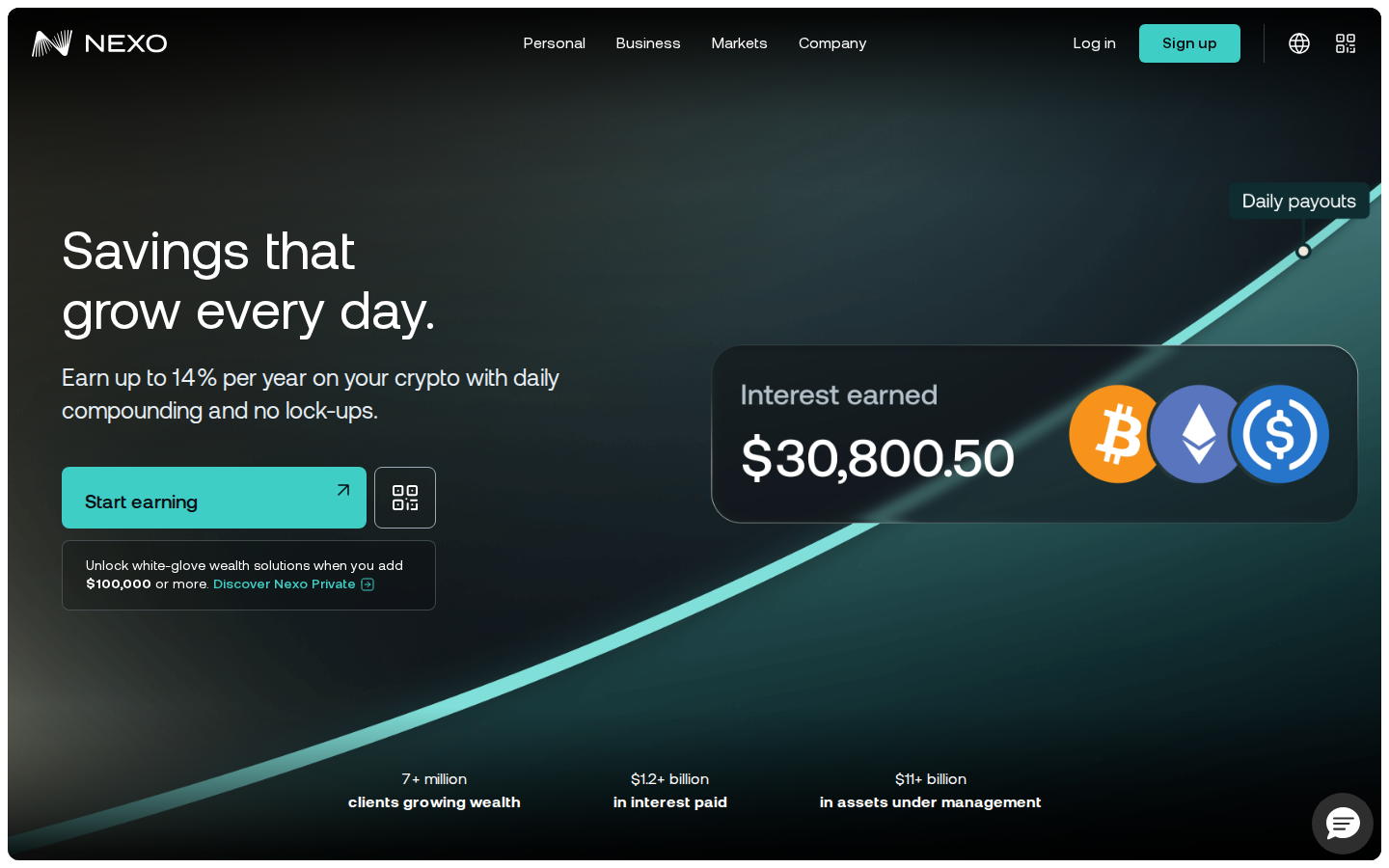 Nexo Earn showing up to 14% APY on crypto savings