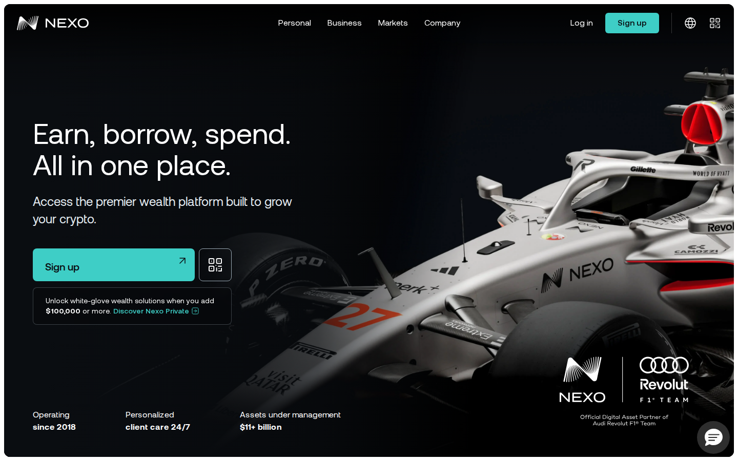 Nexo platform homepage showing earn, borrow, spend features