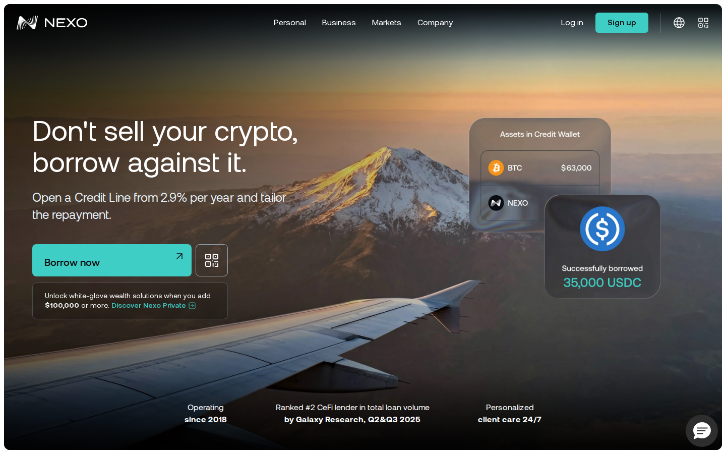 Nexo Borrow showing crypto credit lines from 2.9% APR