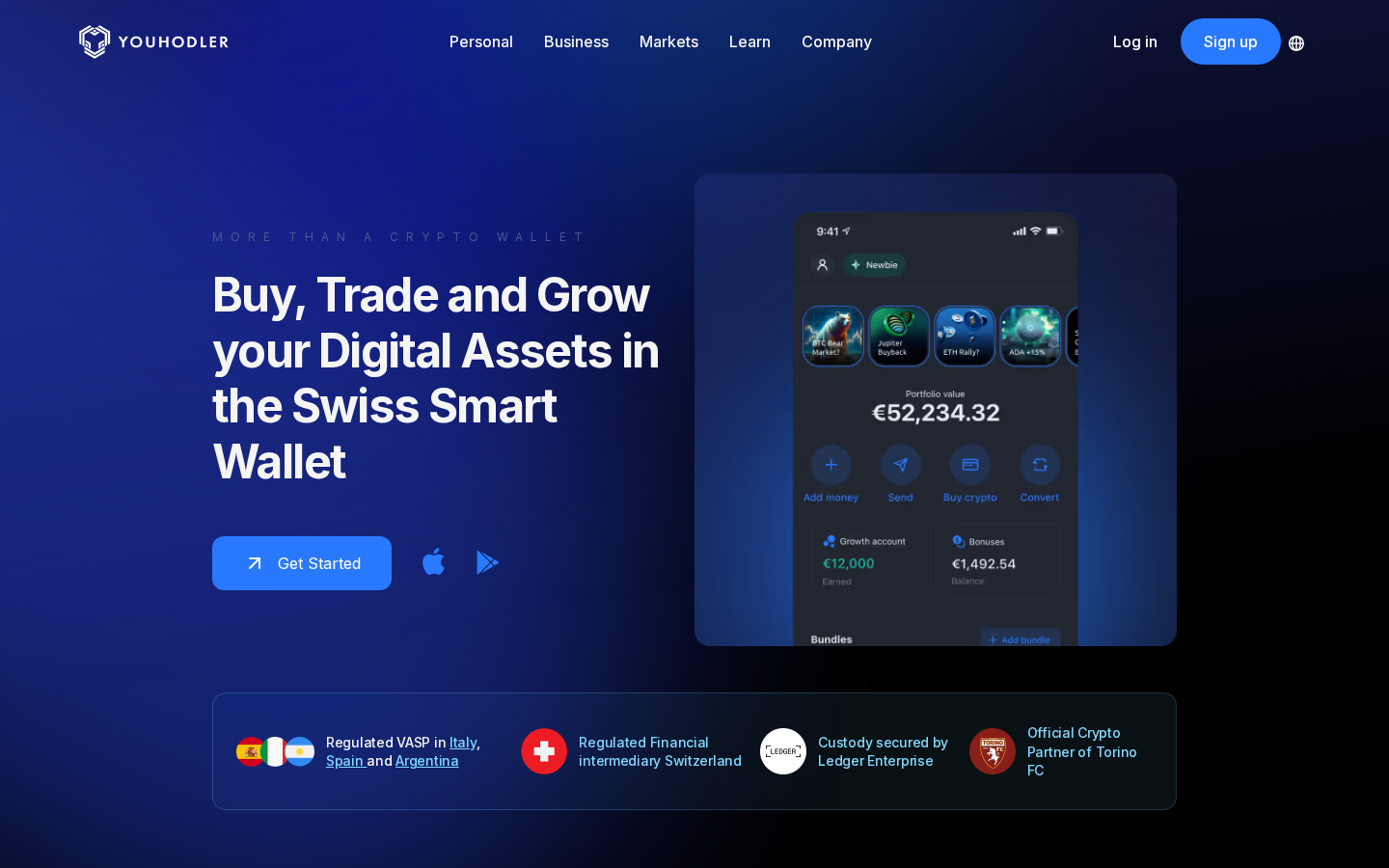 YouHodler homepage showing Swiss Smart Wallet with crypto trading features