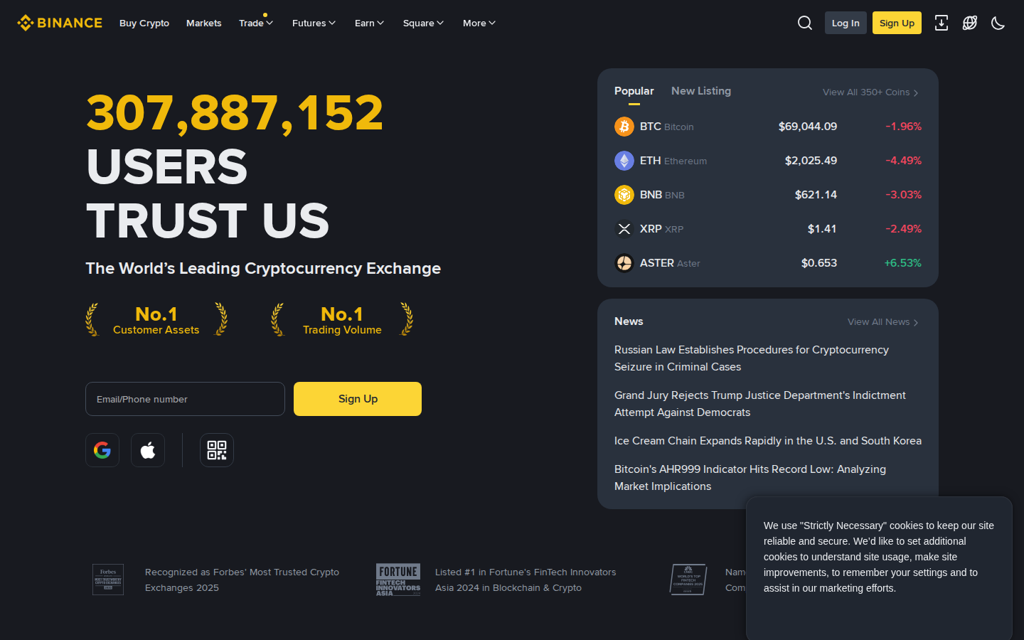 Binance homepage showing 307 million users trust the world's leading cryptocurrency exchange