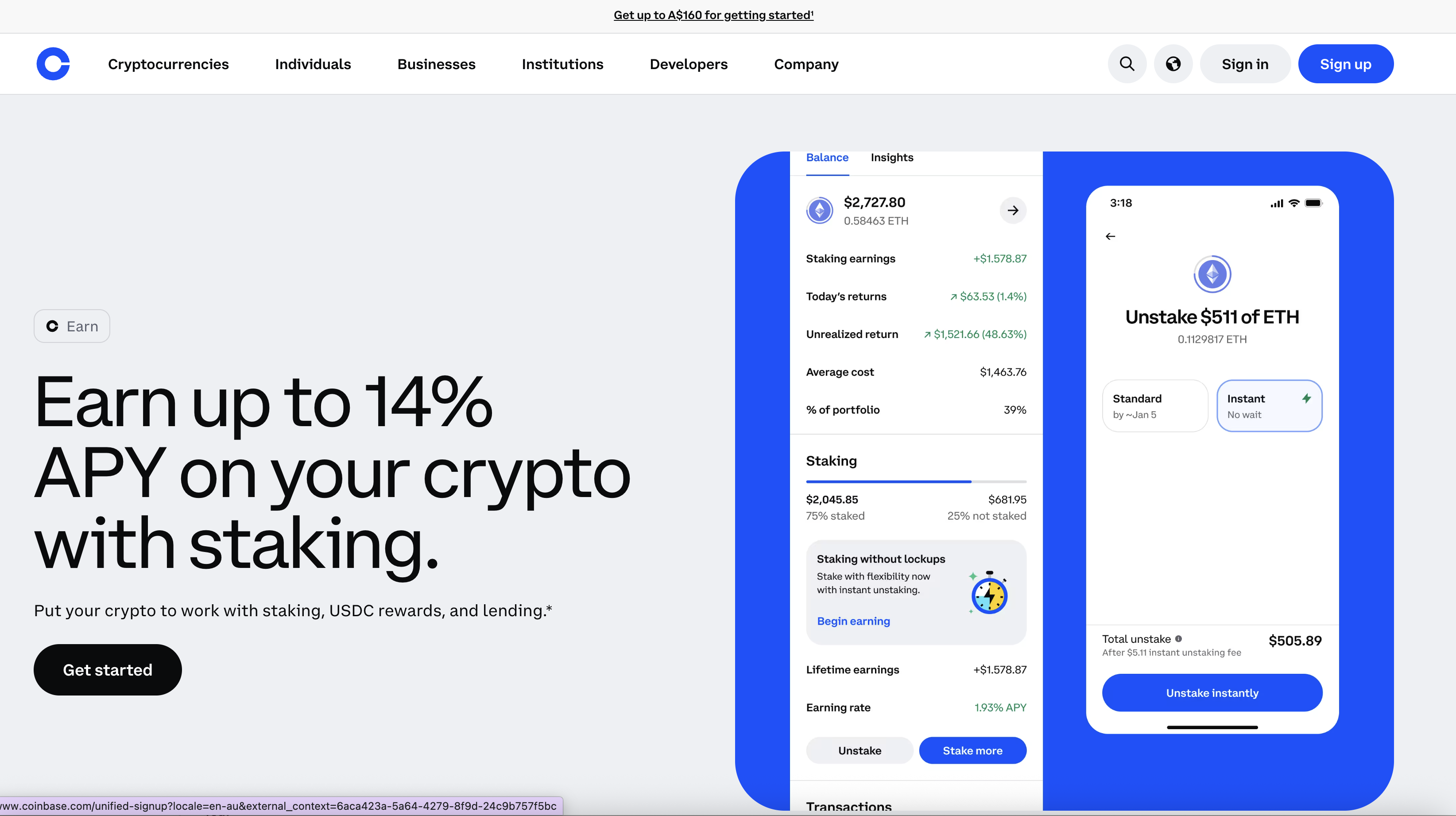 Coinbase staking and earn interface showing available APY rates for various cryptocurrencies