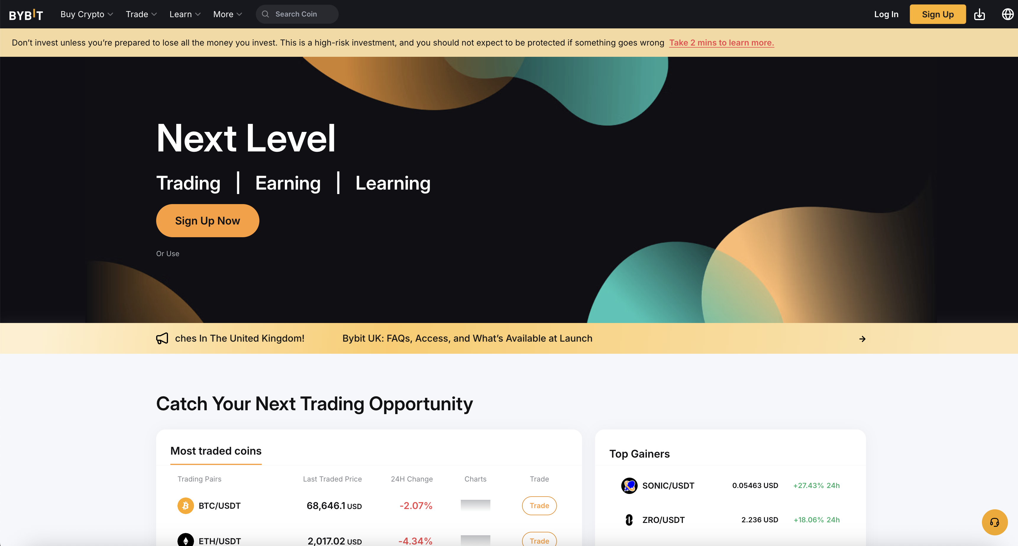 Bybit cryptocurrency exchange homepage showing trading interface with BTC and ETH prices in 2026