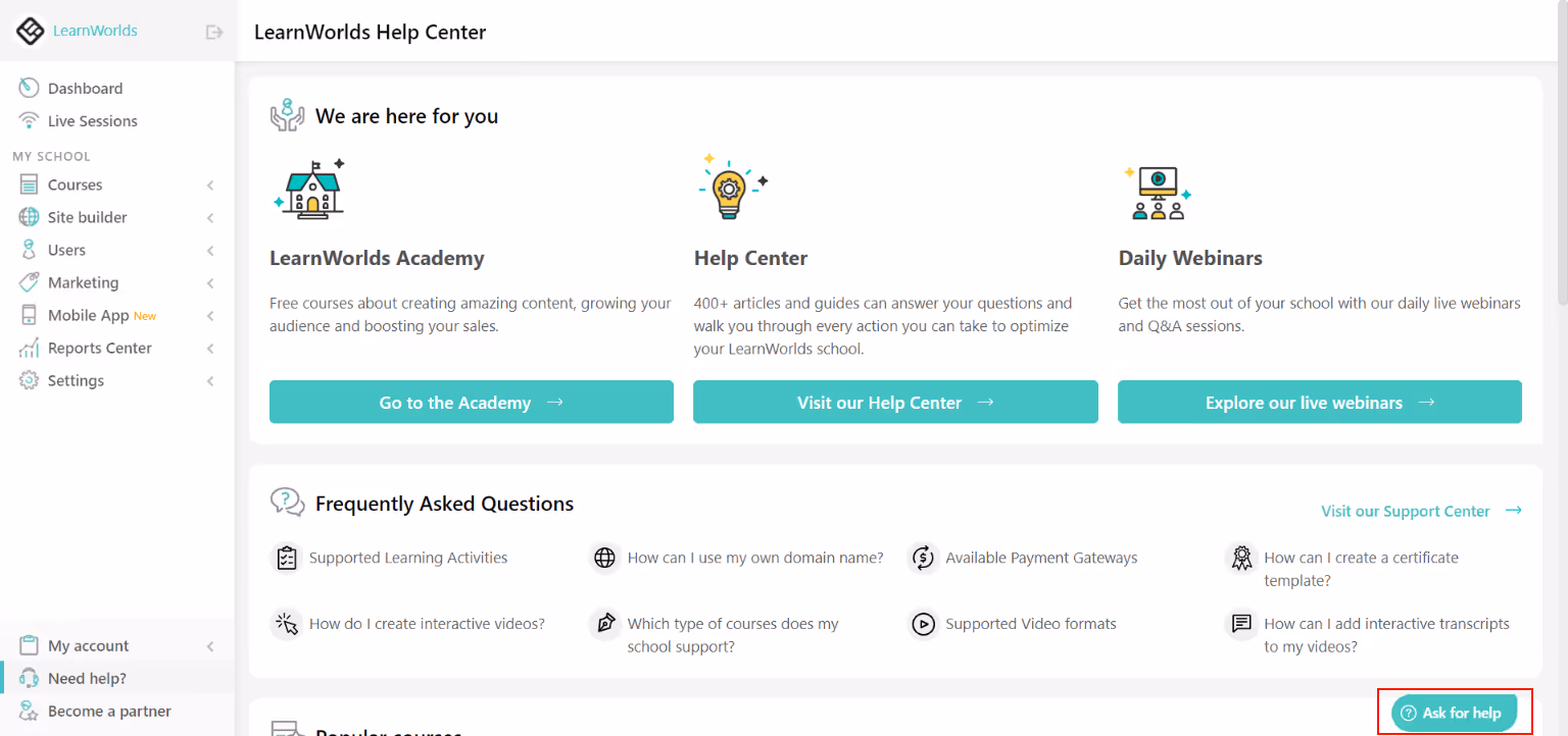 Dashboard - Your school Updates at a Glimpse : LearnWorlds Help Center