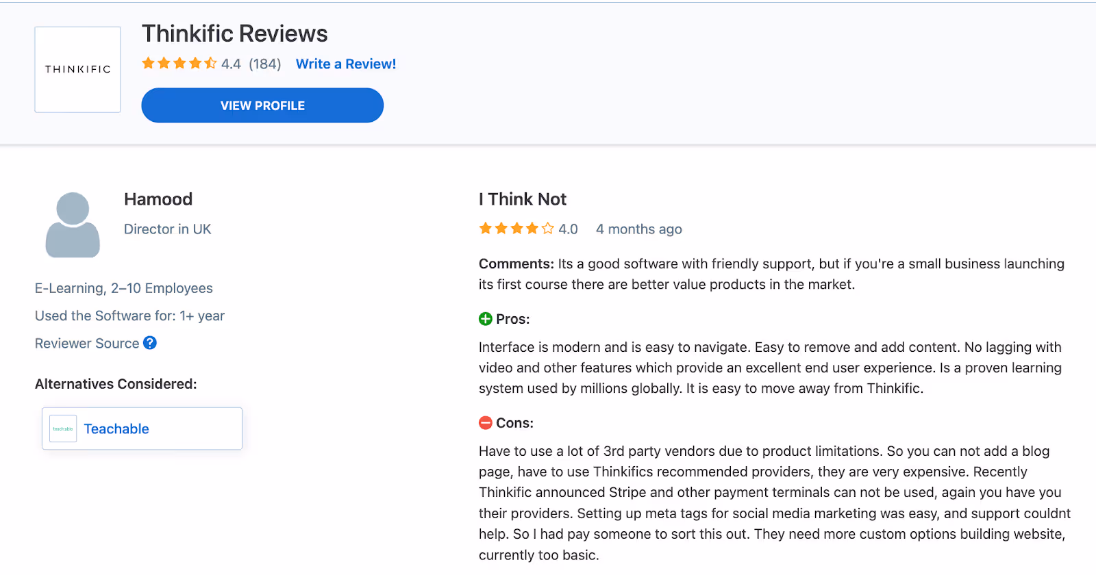 Thinkific Customer Review Capterra