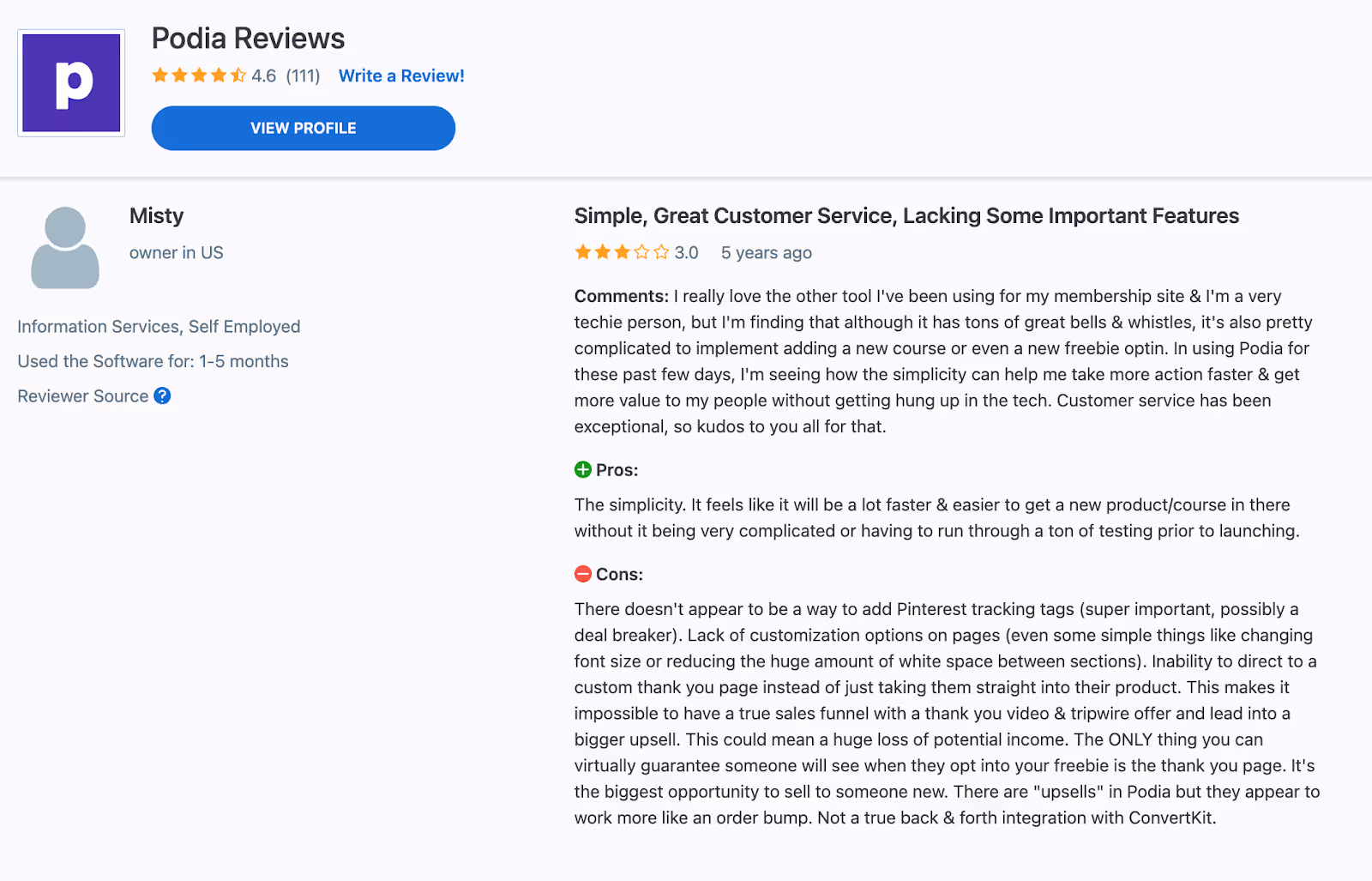 Podia Customer Review Capterra