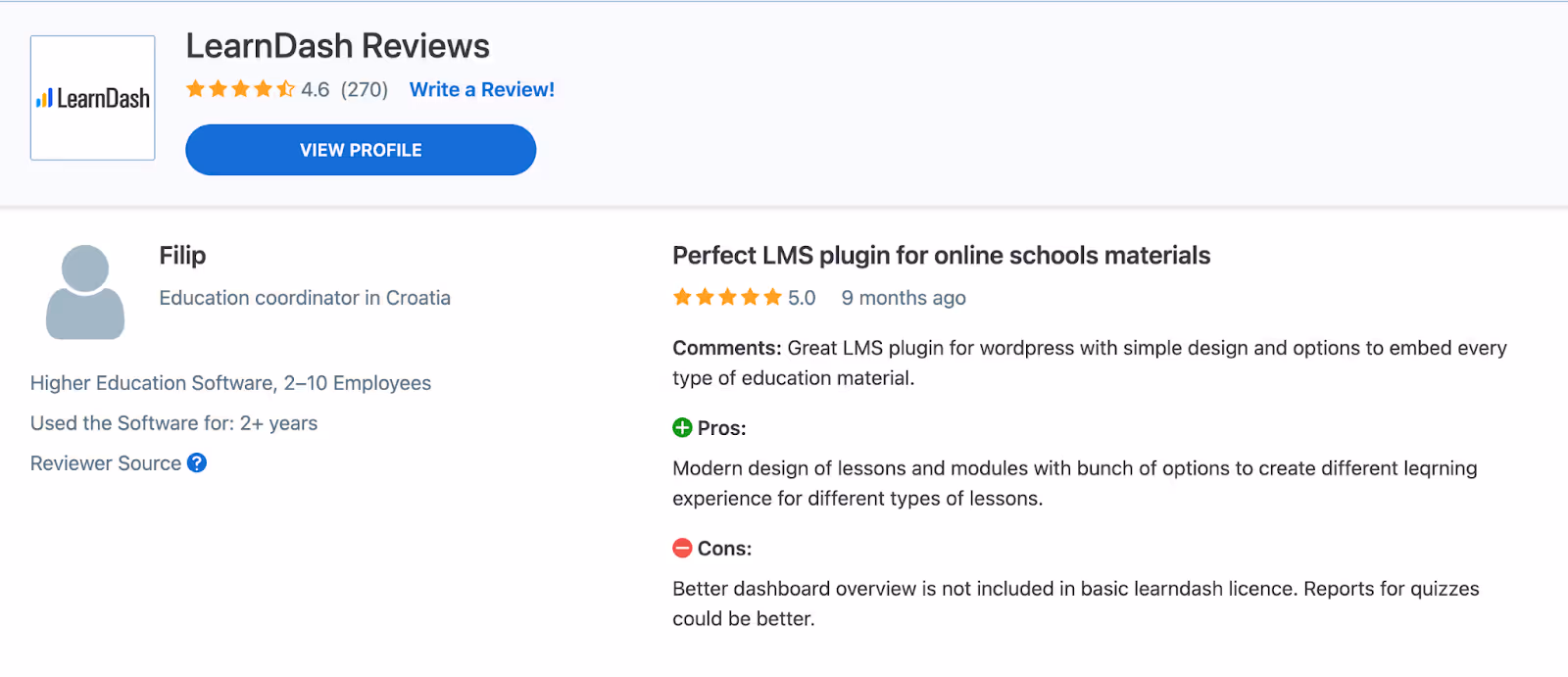 LearnDash Customer Review Capterra