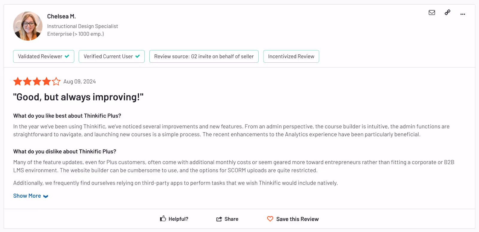 Thinkific Customer Review from G2