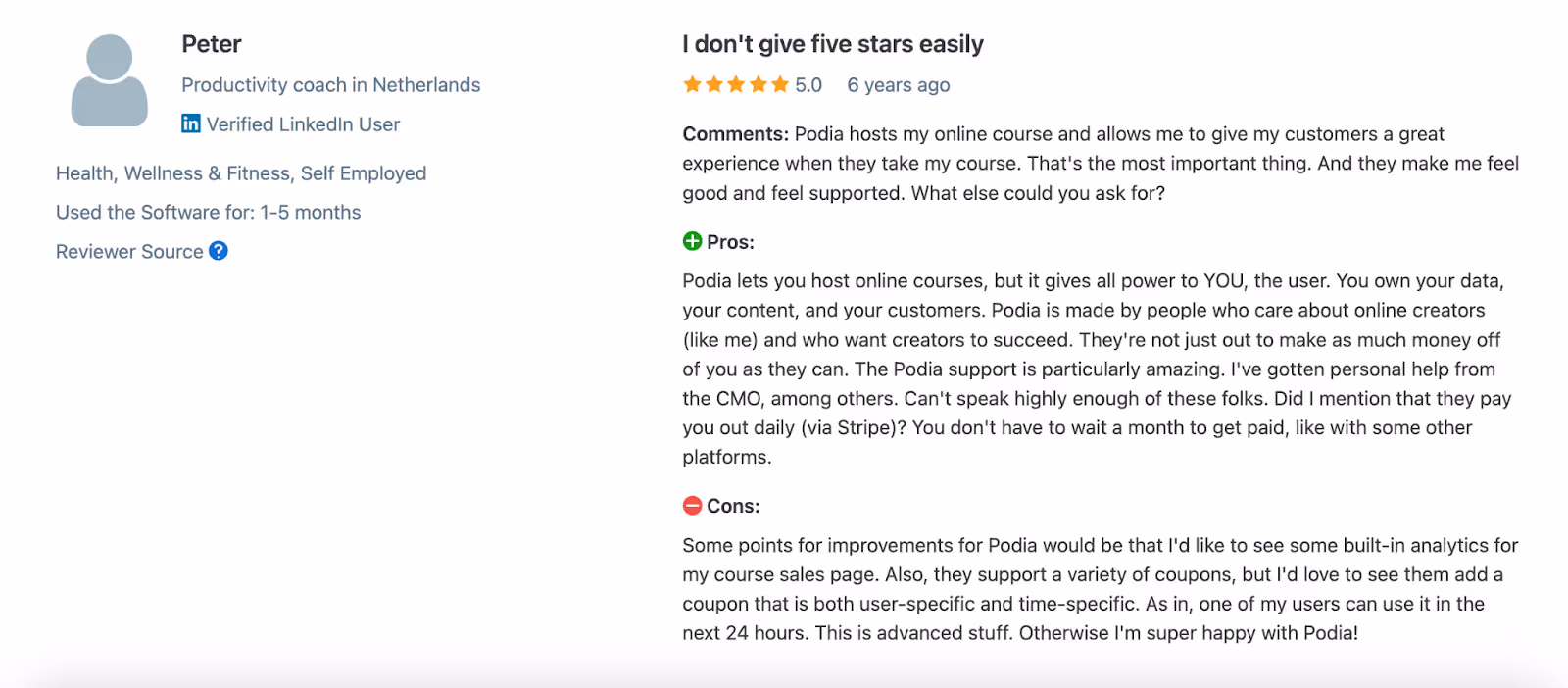 Podia Customer Review from Capterra