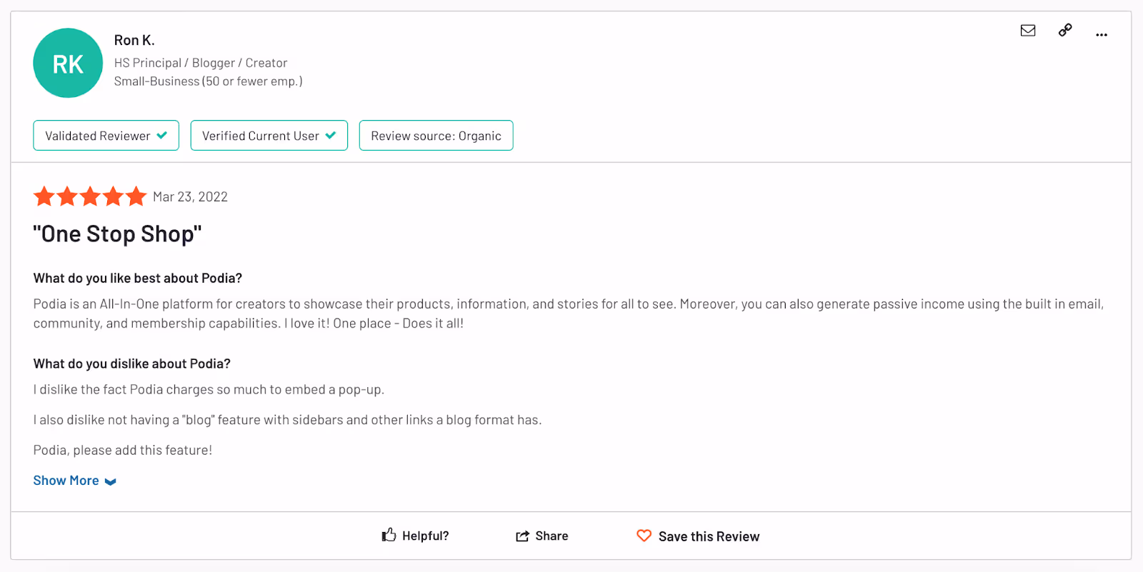 Podia Customer Review from G2