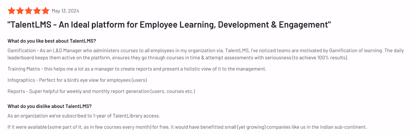 TalenLMS customer review on G2