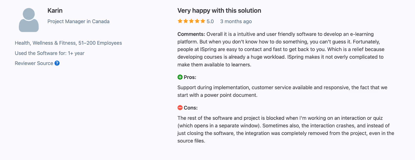 iSpring Learn customer review on Capterra