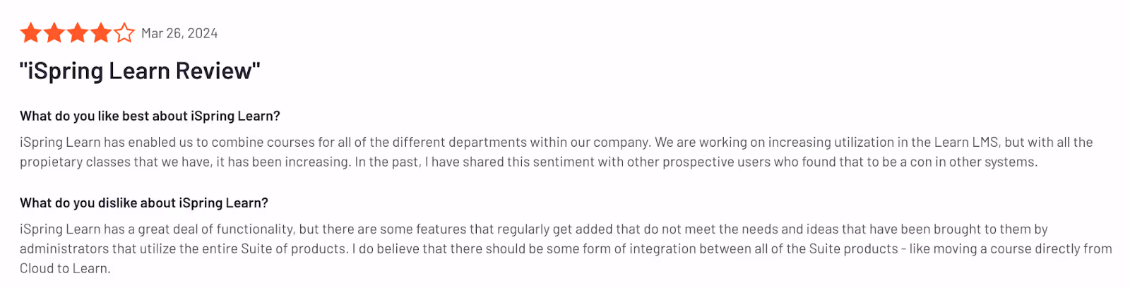 iSpring Learn customer review on G2