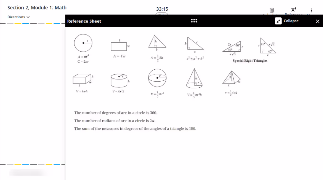 The test section for math has a reference sheet that you can access any time