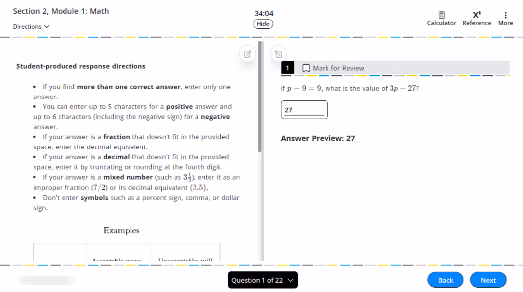 Screenshot of the directions you will see for the Student-Produced Response questions