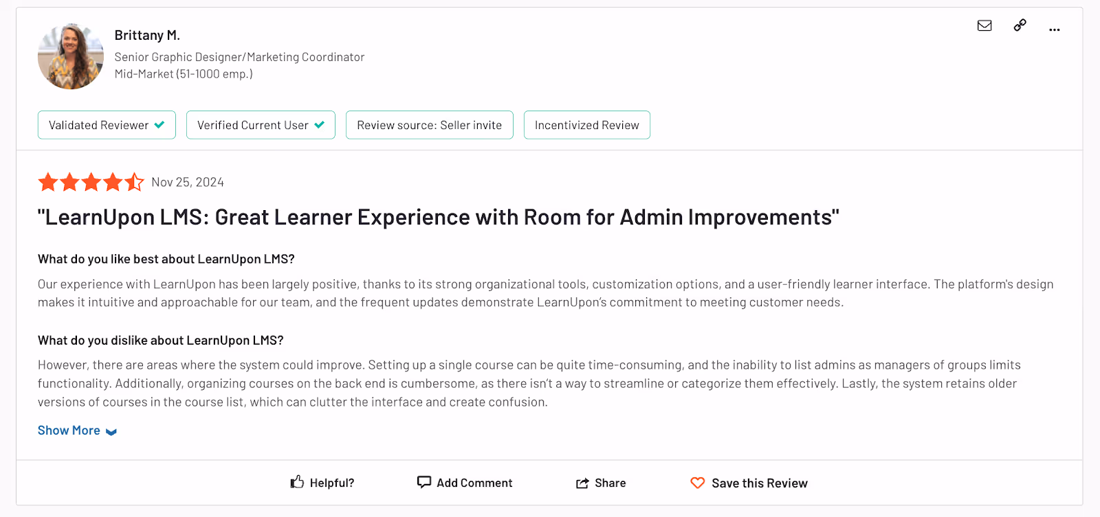 LearnUpon LMS customer review on G2