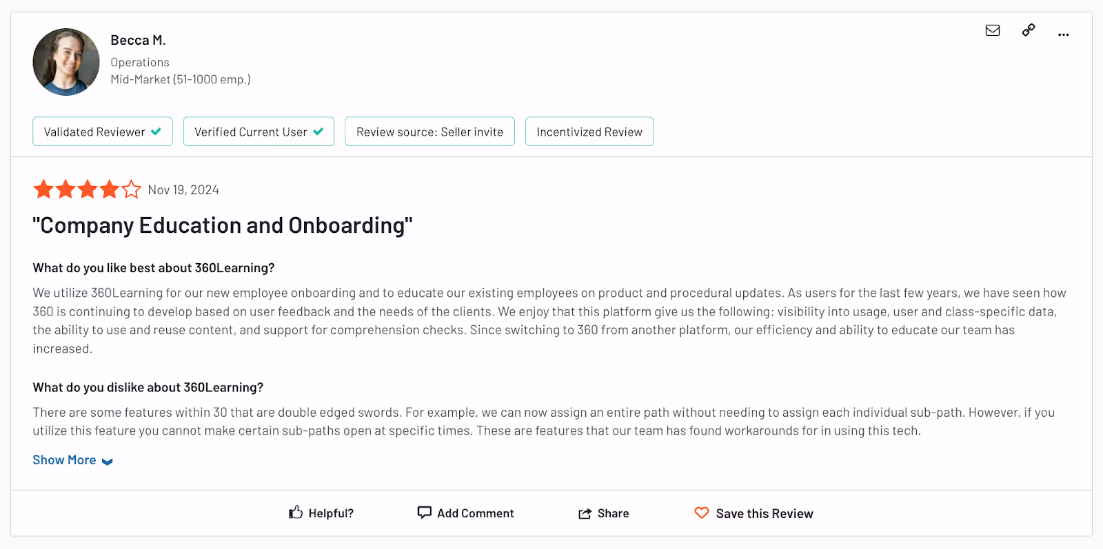 360Learning customer review on G2