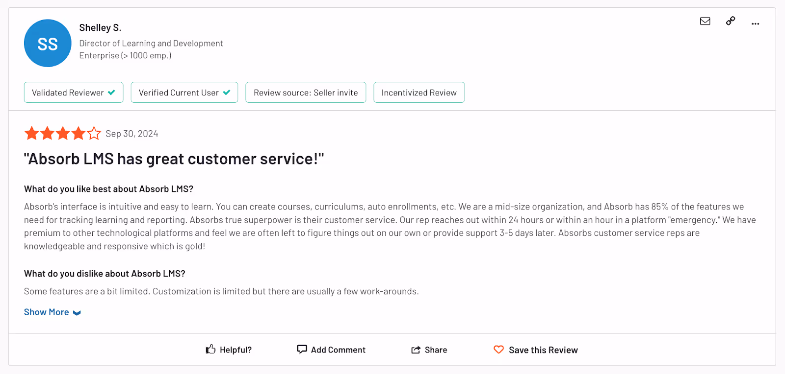 Absorb LMS customer review on G2
