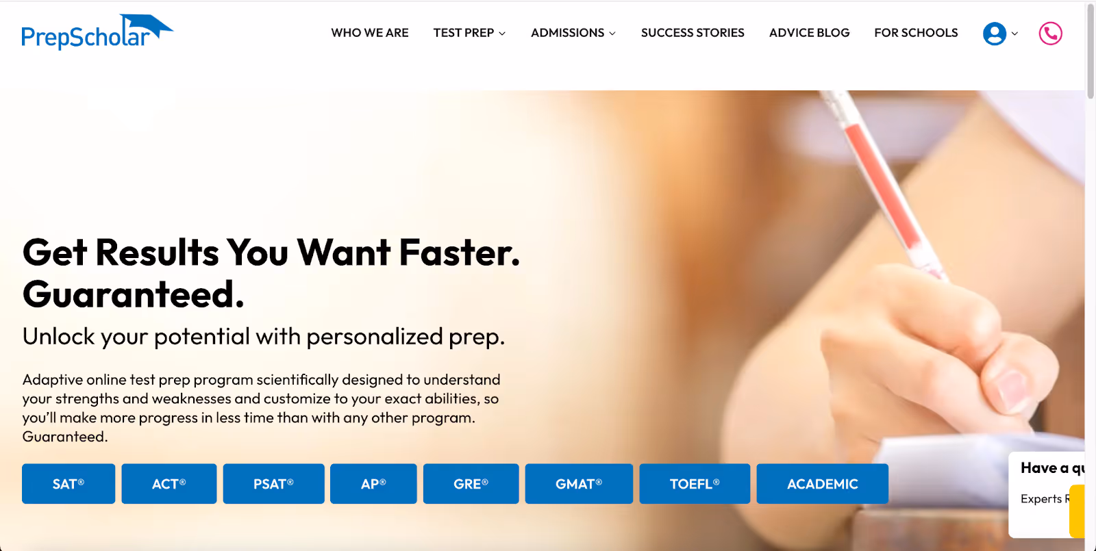 Test Innovators competitor PrepScholar home page