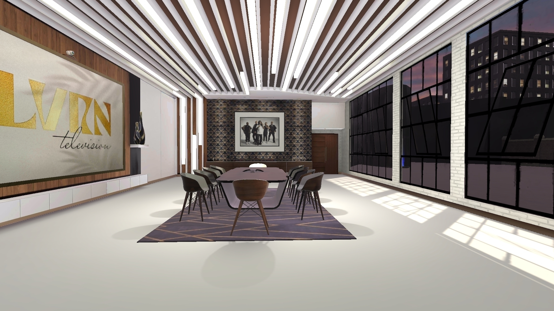 A screenshot of a conference room rendered in 3D, realistic style