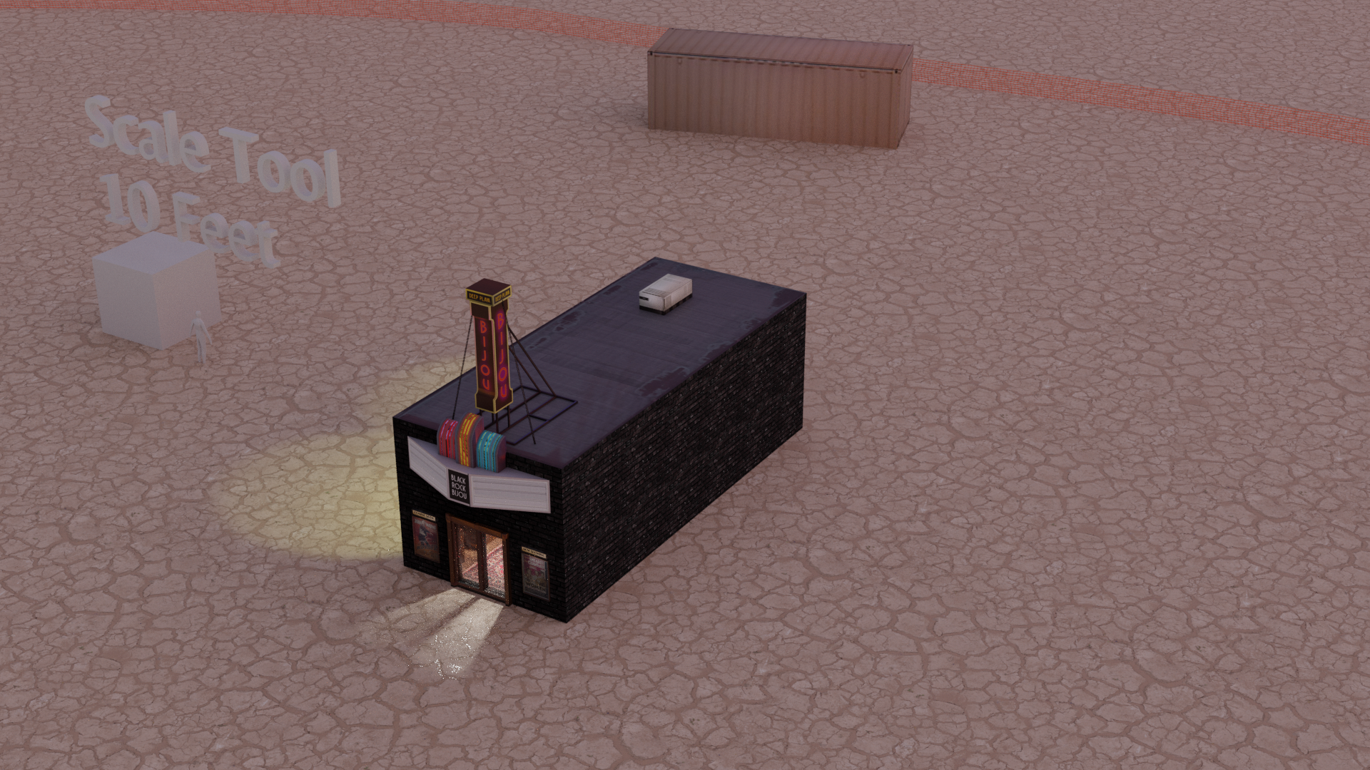 A 3D render from above the exterior of a small theater with a marquee and neon lights displaying the letters "BIJOU"