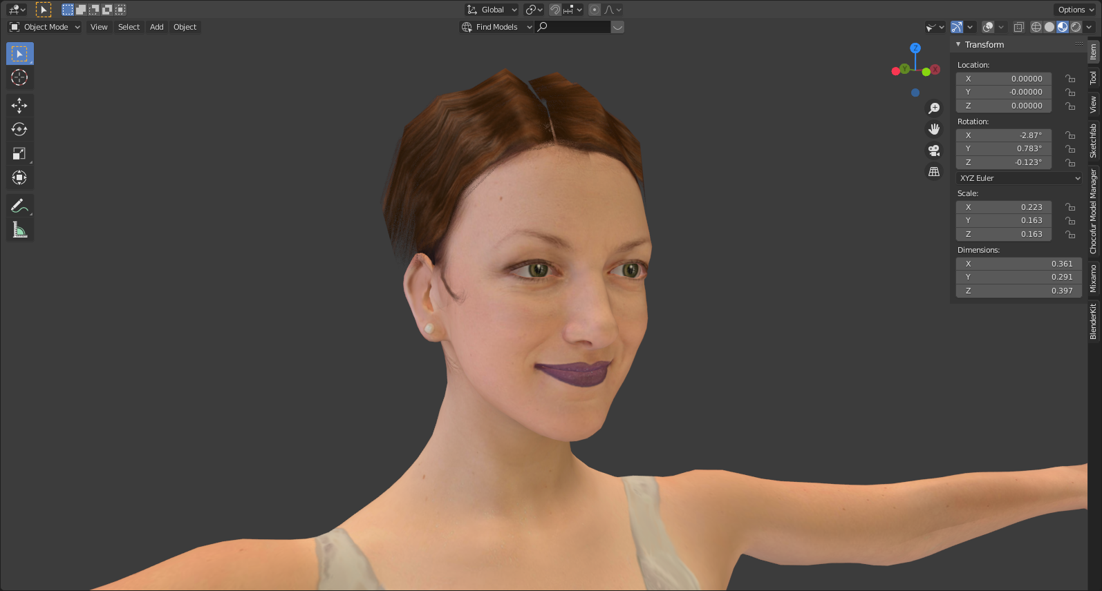 Screenshot of a 3D viewport showing a character with short brown, curly bobbed hair