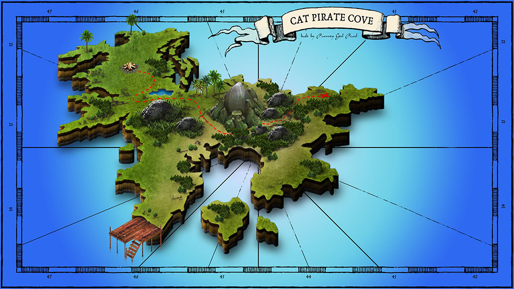 An isometric illustration of a green island surrounded by bright blue water; there are mountains and a red dotted path through them as on a treasure map