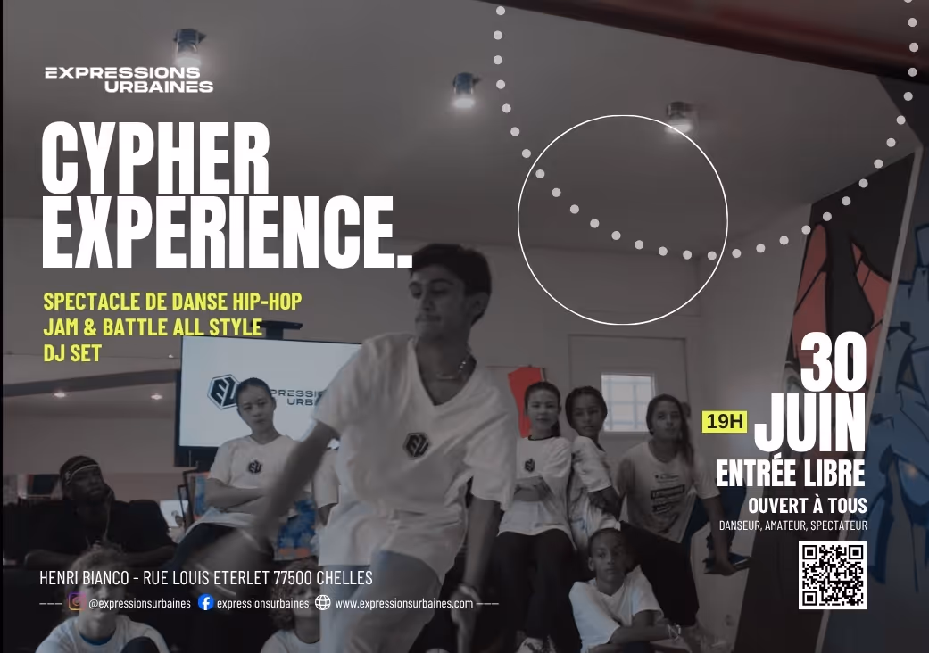 Danseurs hip-hop en t-shirt blanc, avec texte promouvant Cypher Experience le 30 juin à Chelles.