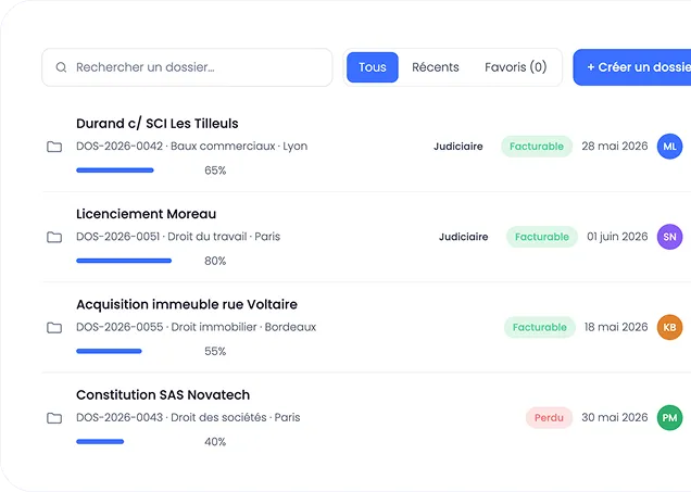 Tableau d’avancement du dossier contentieux de Durand Industries avec trois étapes listant des documents PDF, Word et un email proposant une transaction amiable.