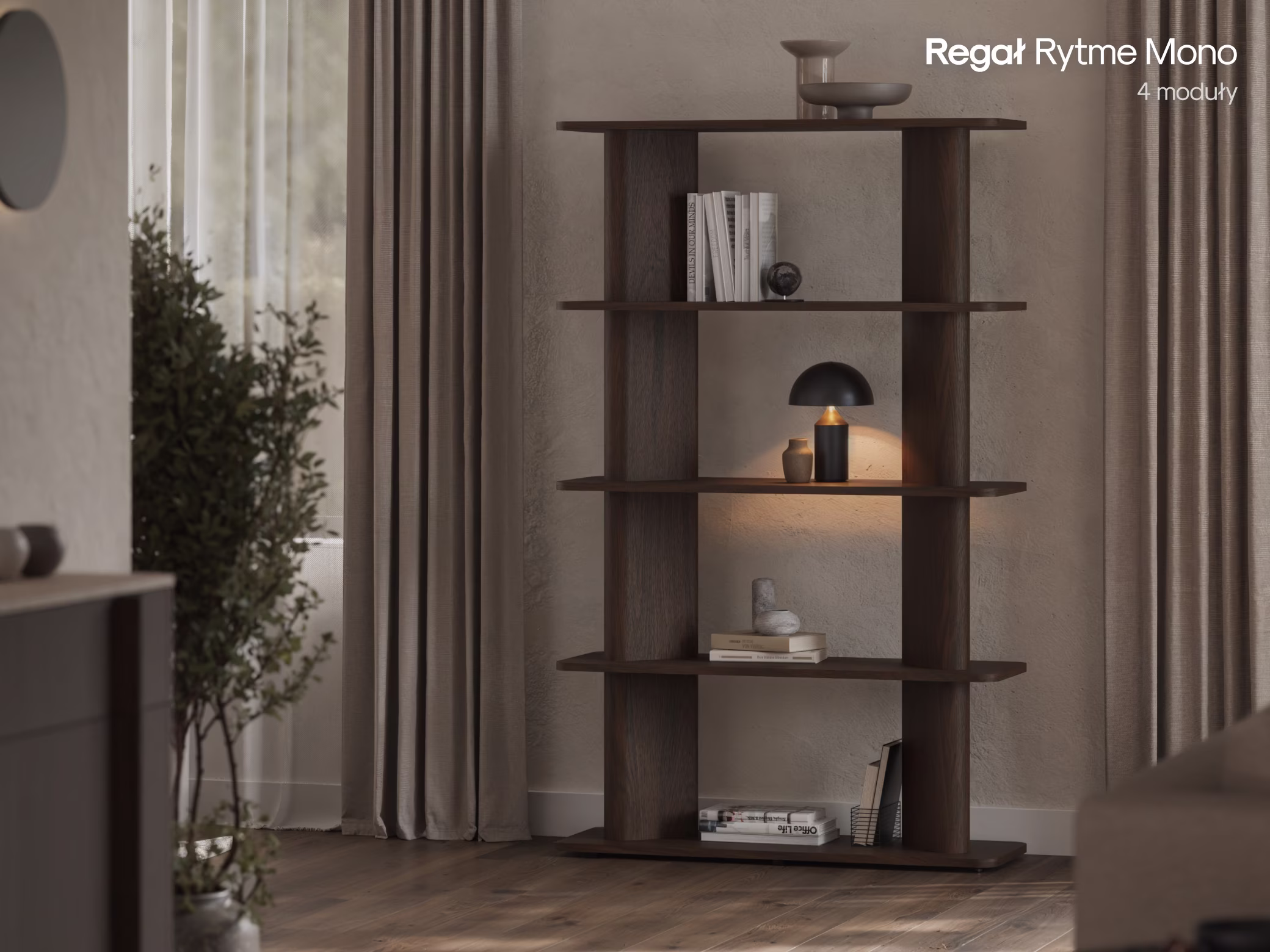 Dębowy regał Rytme Mono w aranżacji wnętrza