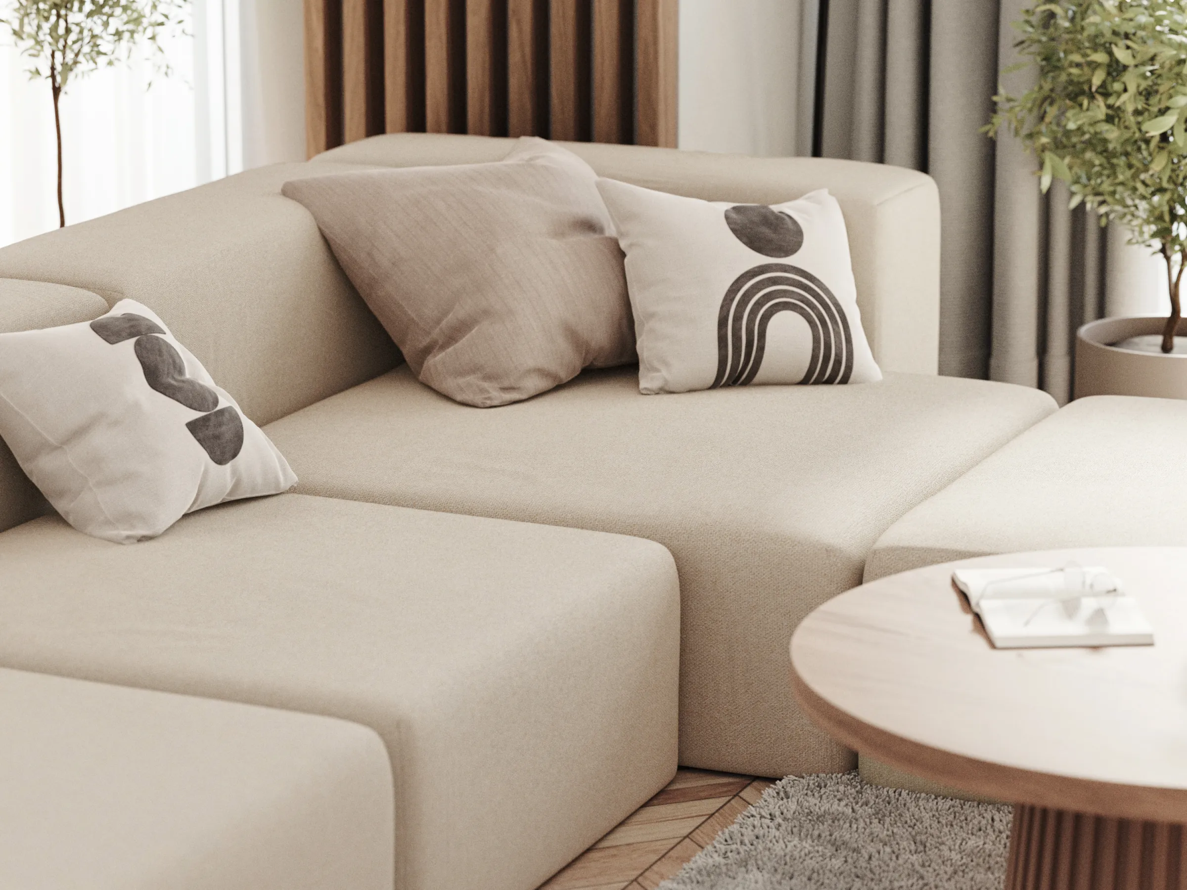 Modułowa sofa Douz, zbliżenie na tapicerkę i poduszki