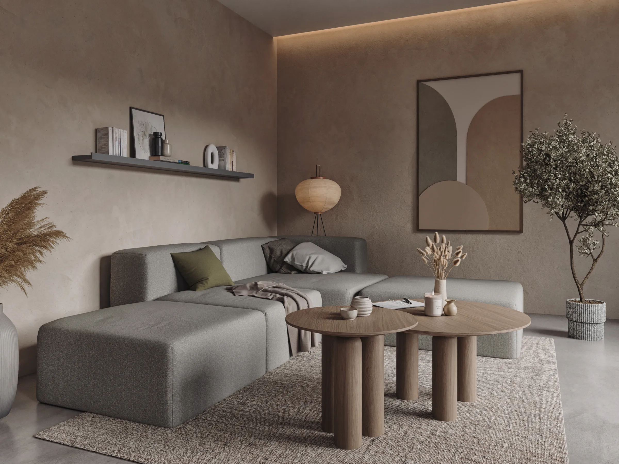 Modułowa sofa Douz w szarej tapicerce w zaaranżowanym salonie