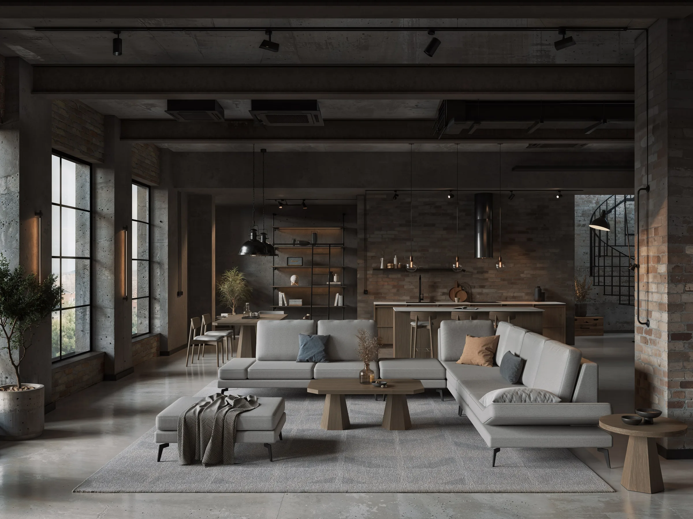 Modułowa sofa Milton w narożnej konfiguracji w loftowym salonie z cegłą