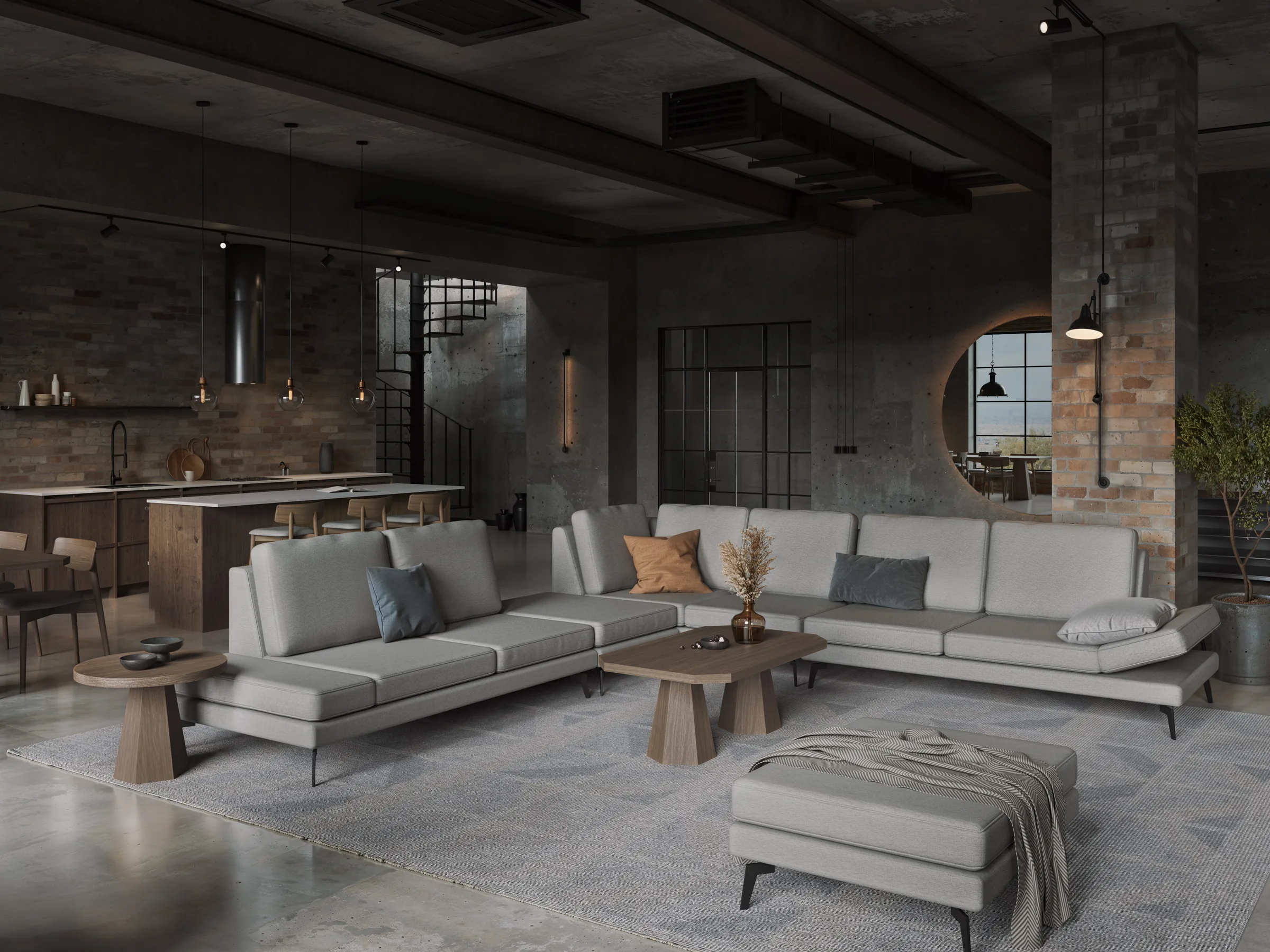 Modułowa sofa Milton z pufą i drewnianymi stolikami w industrialnym wnętrzu