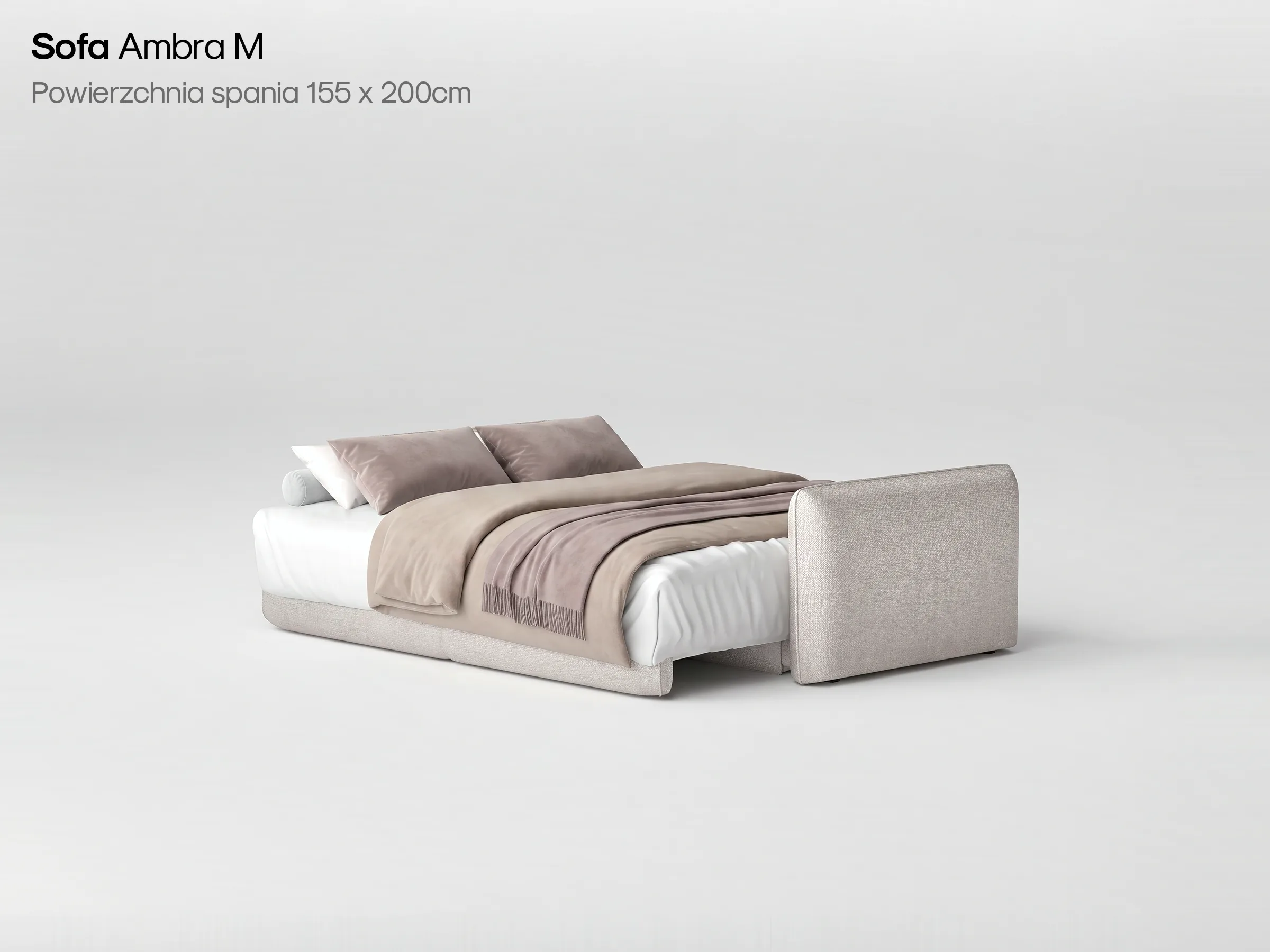 Sofa Ambra M w jasnej tkaninie rozłożona z pościelą