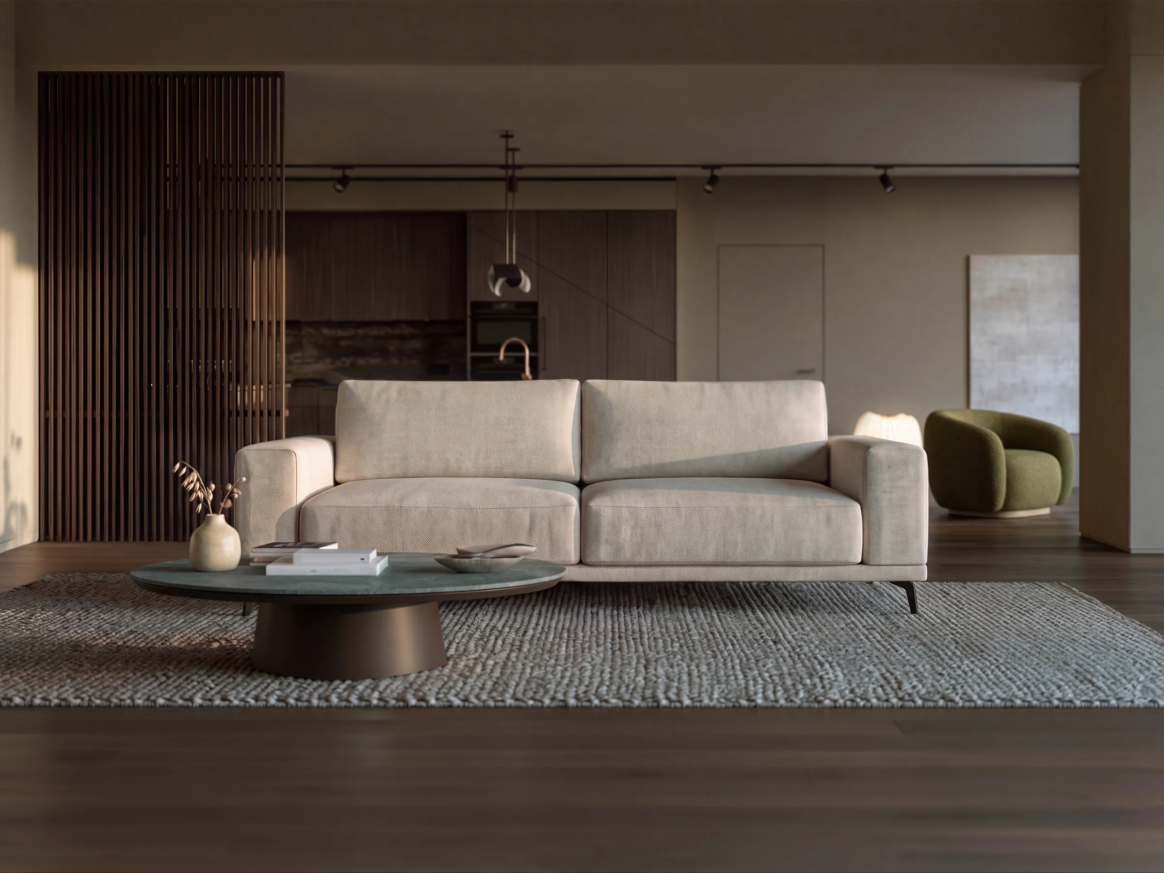 Sofa Gemma M w jasnej tkaninie w salonie z ażurową ścianką i okrągłym stolikiem
