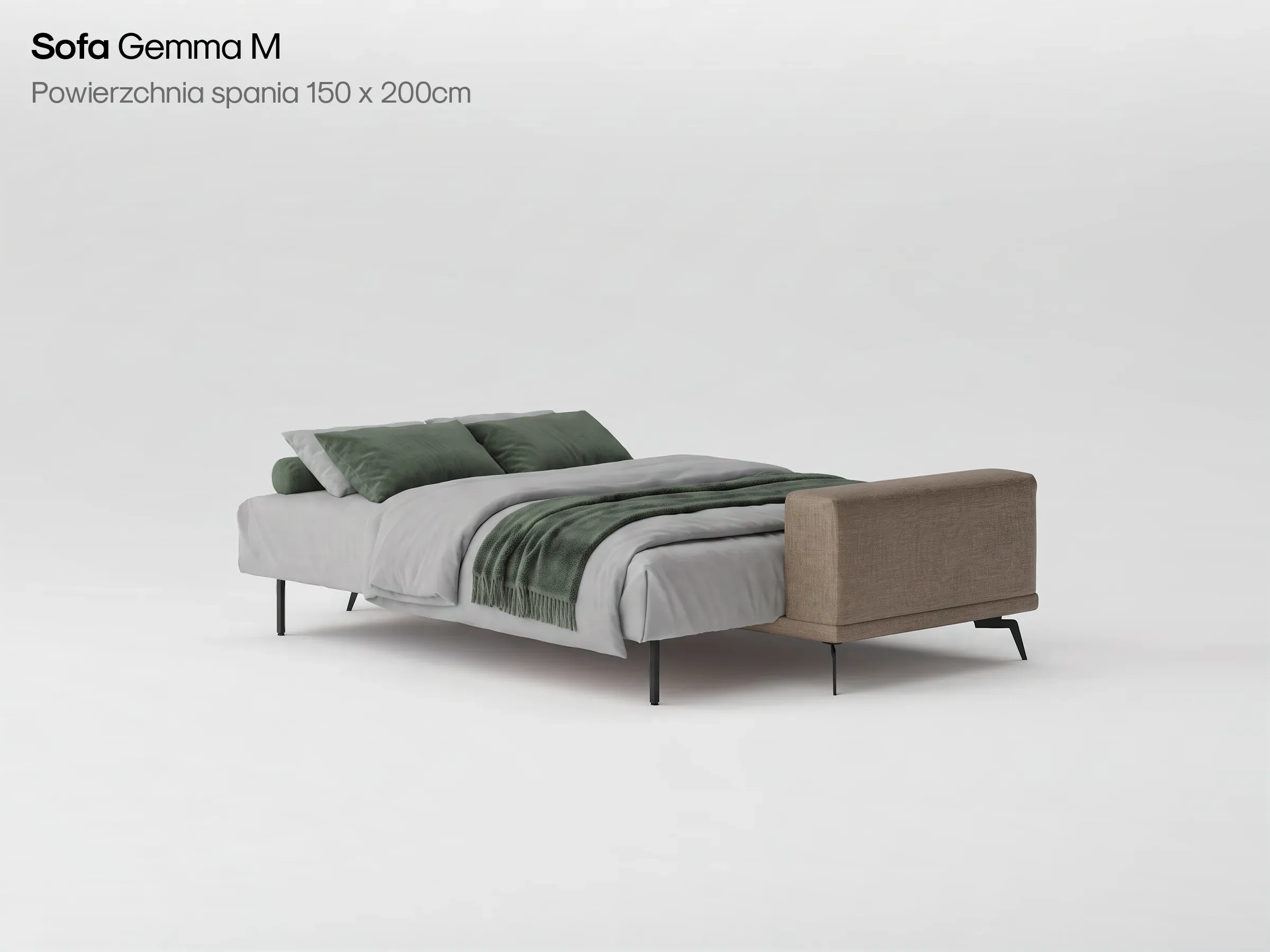 Sofa Gemma M w brązowej tkaninie rozłożona z pościelą