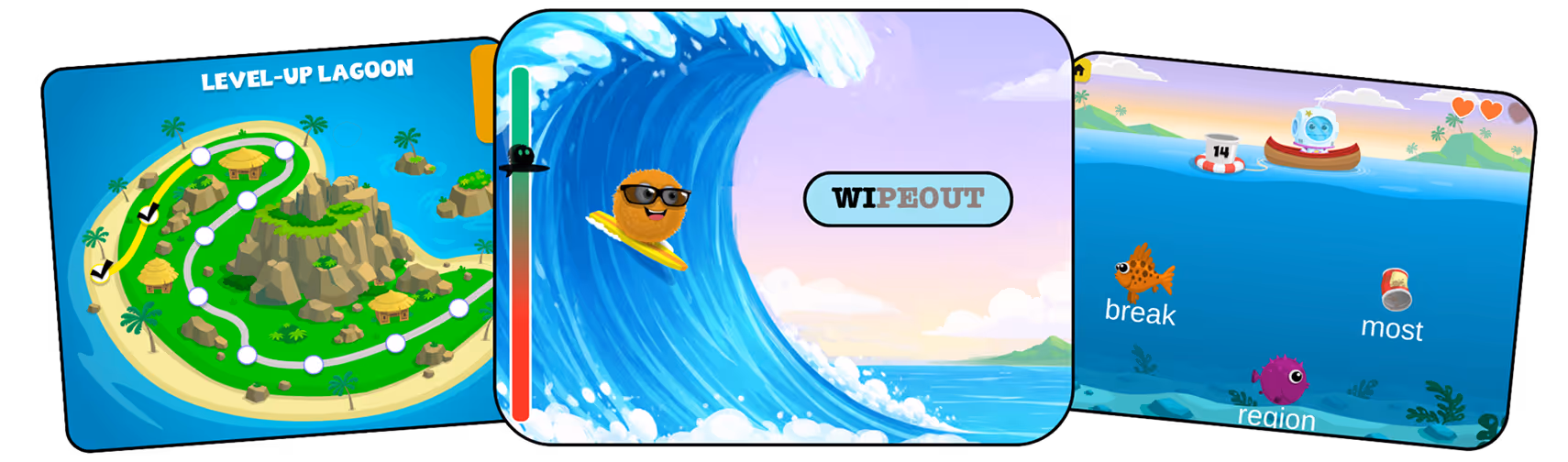 Kodable Typing — game screenshots showing island maps and typing games