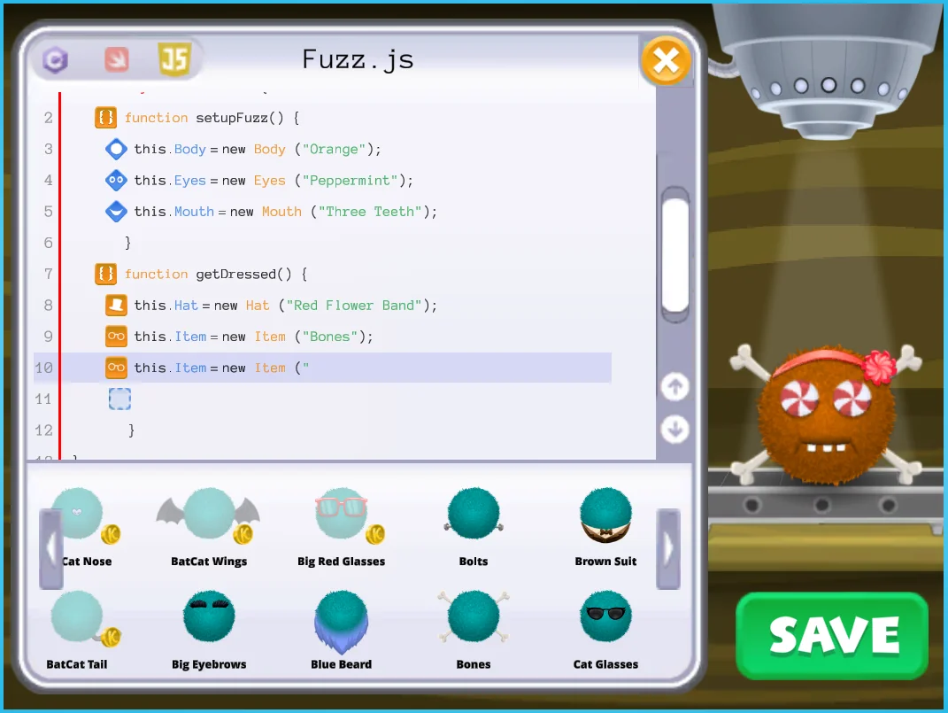 Fuzz Builder, where kids code their own fuzz character