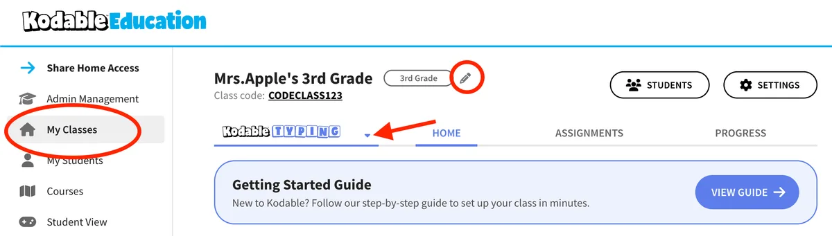 Kodable dashboard showing where to set a class grade level