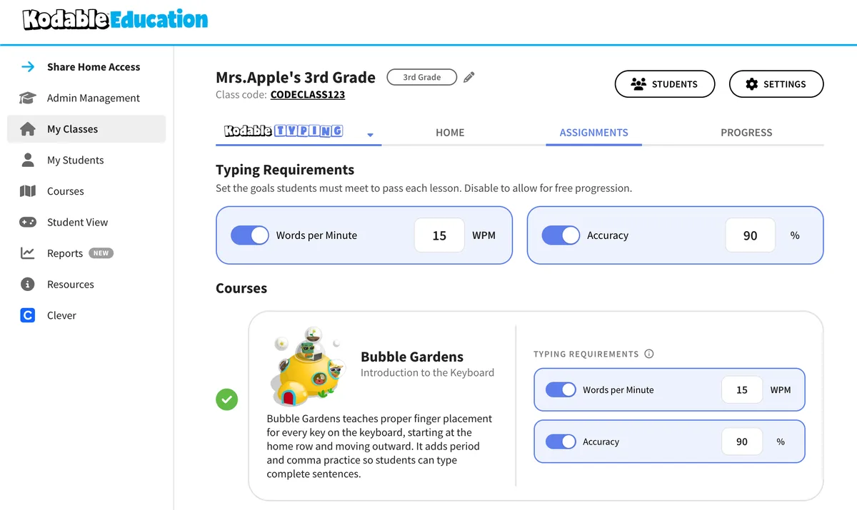Typing requirements settings in the Kodable teacher dashboard